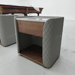 Quilted Light Gray Leather Nightstand with Marble Top & Natural Wood Veneer